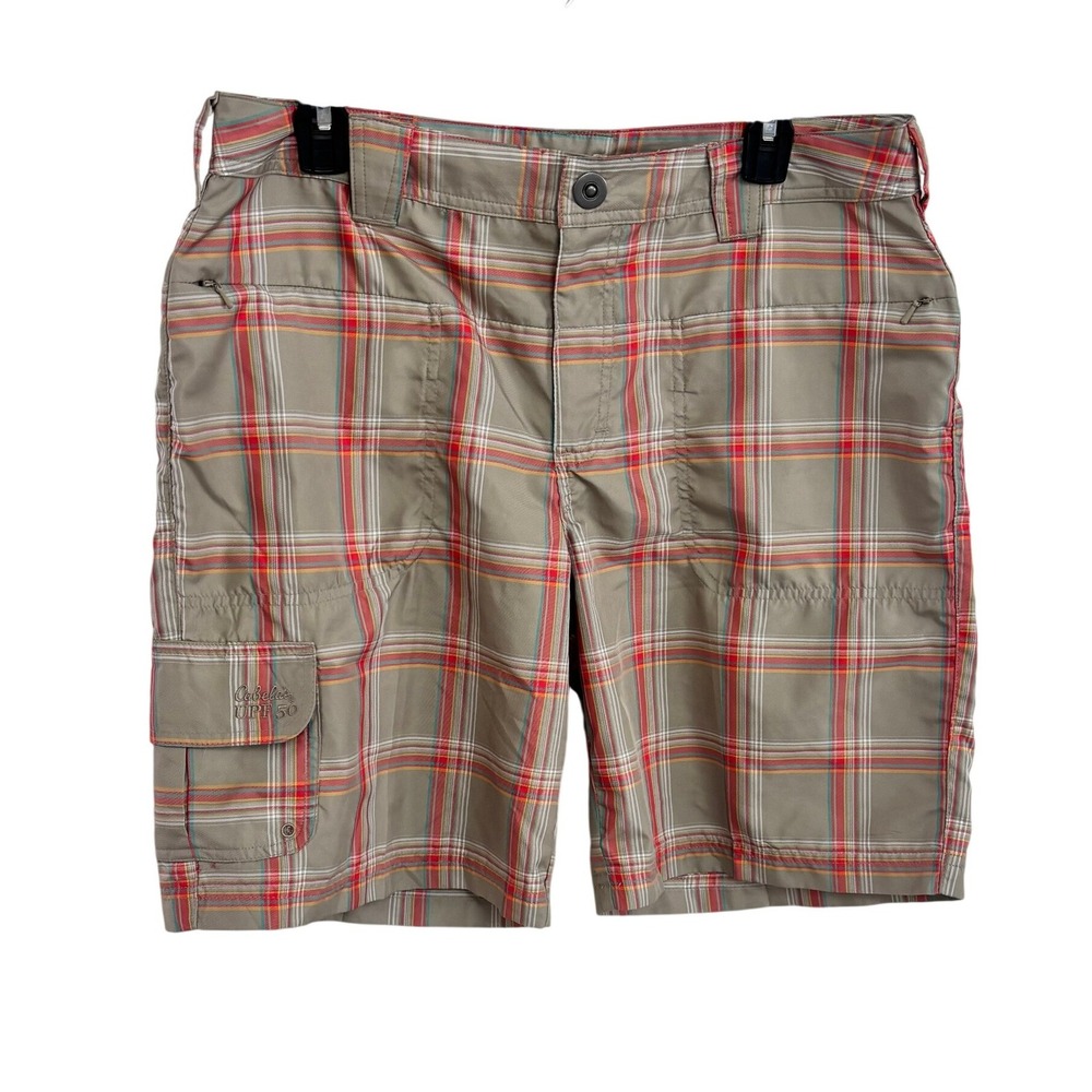 Cabelas Wms Gorpcore Preppy Quick Dry UPF 50 Tan Peach Plaid Cargo Shorts 12